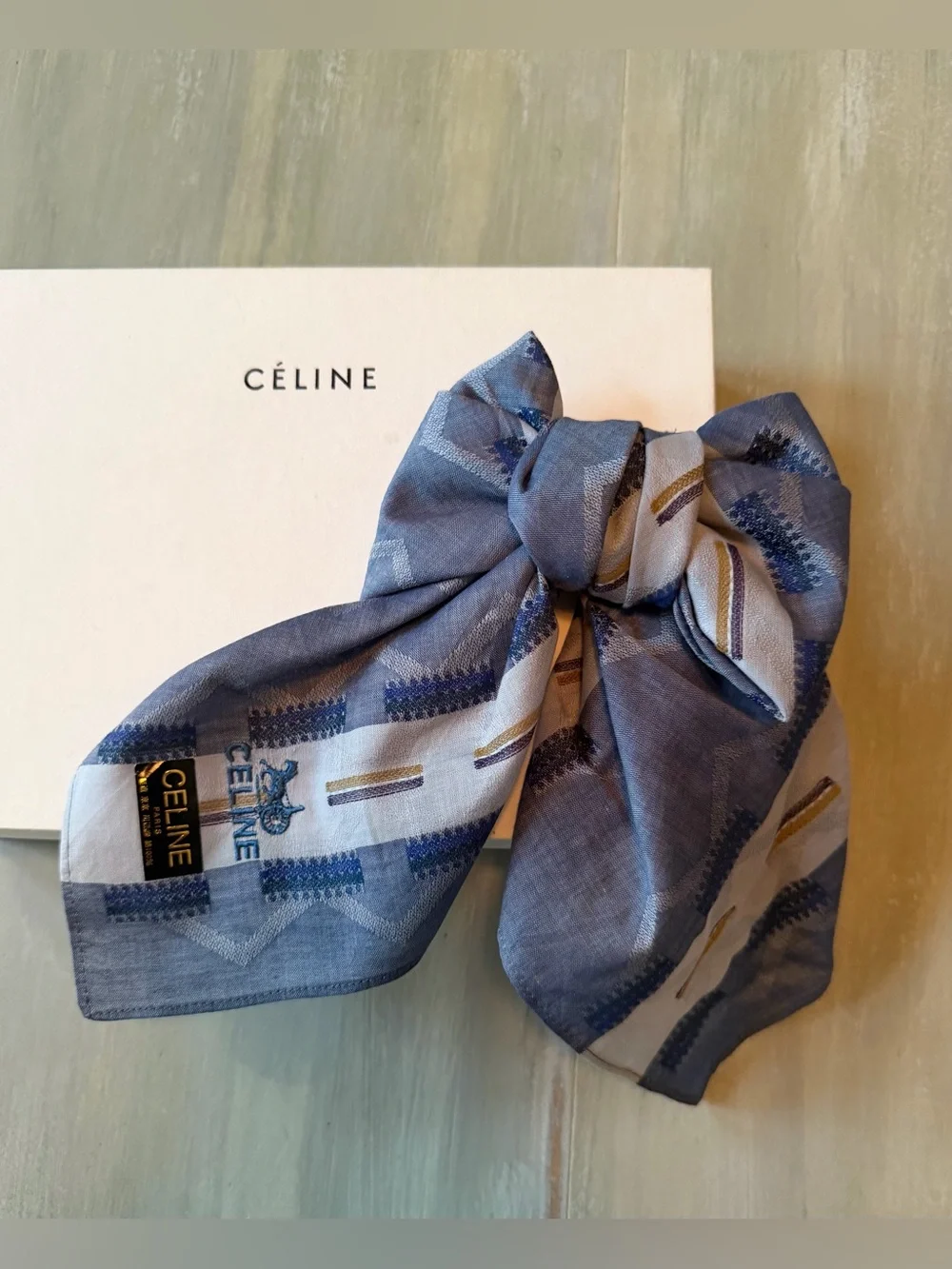 Celine Blue White Striped Silk Hair Bow Scarf Bandana Neckerchief Bag Accessory
